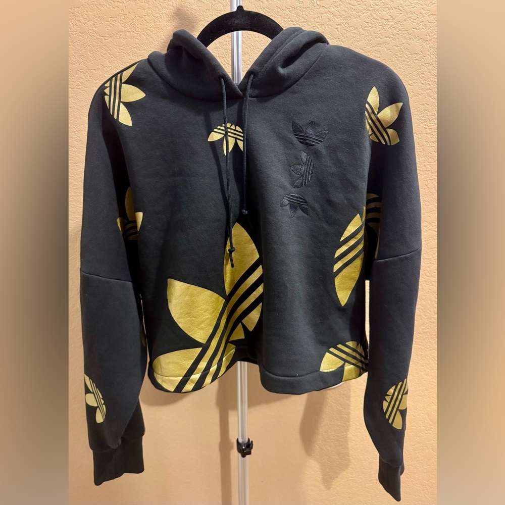 Adidas Large Logo Cropped Hoodie Black/Gold Small - Picture 1 of 3